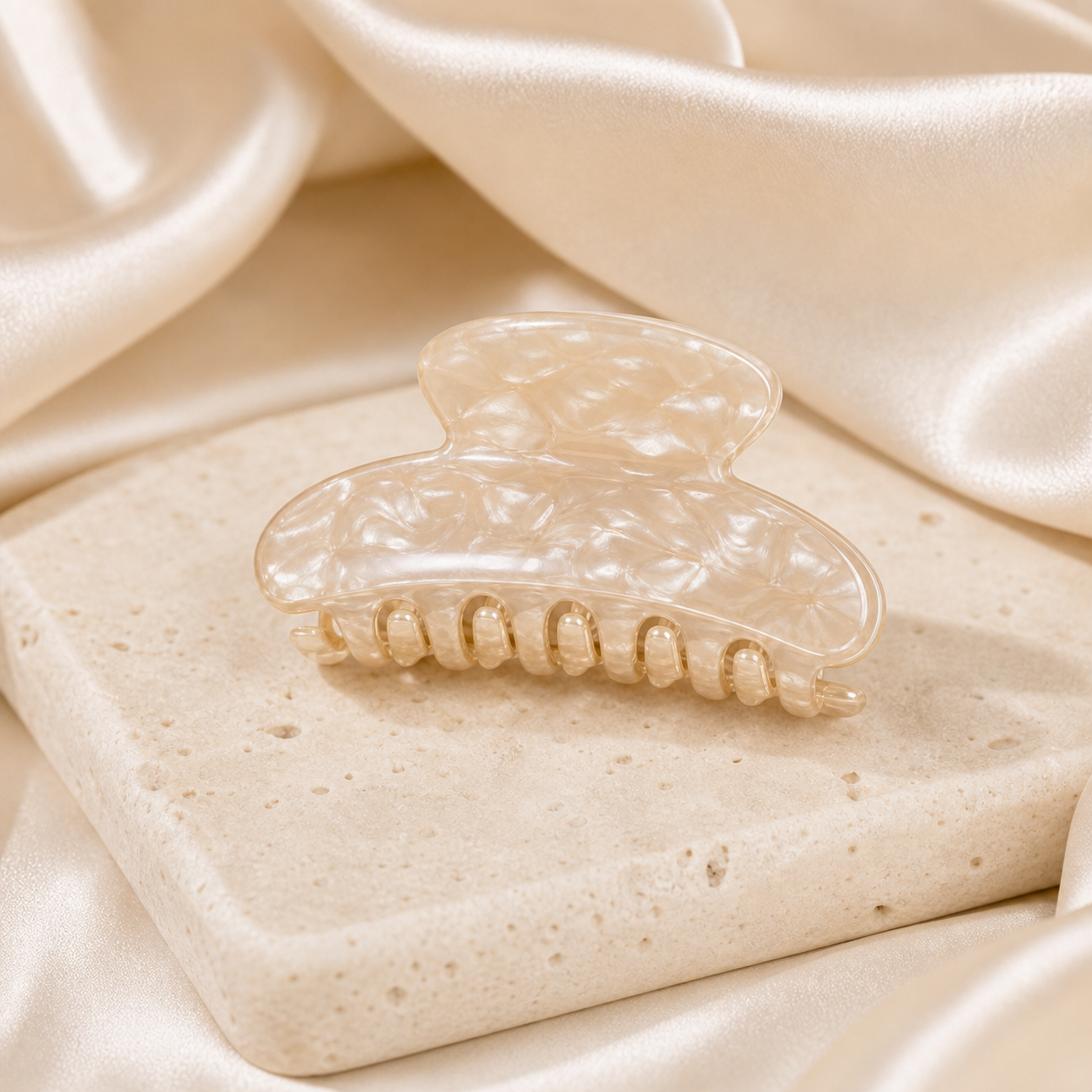 Translucent champagne acetate mini claw clip on pale satin