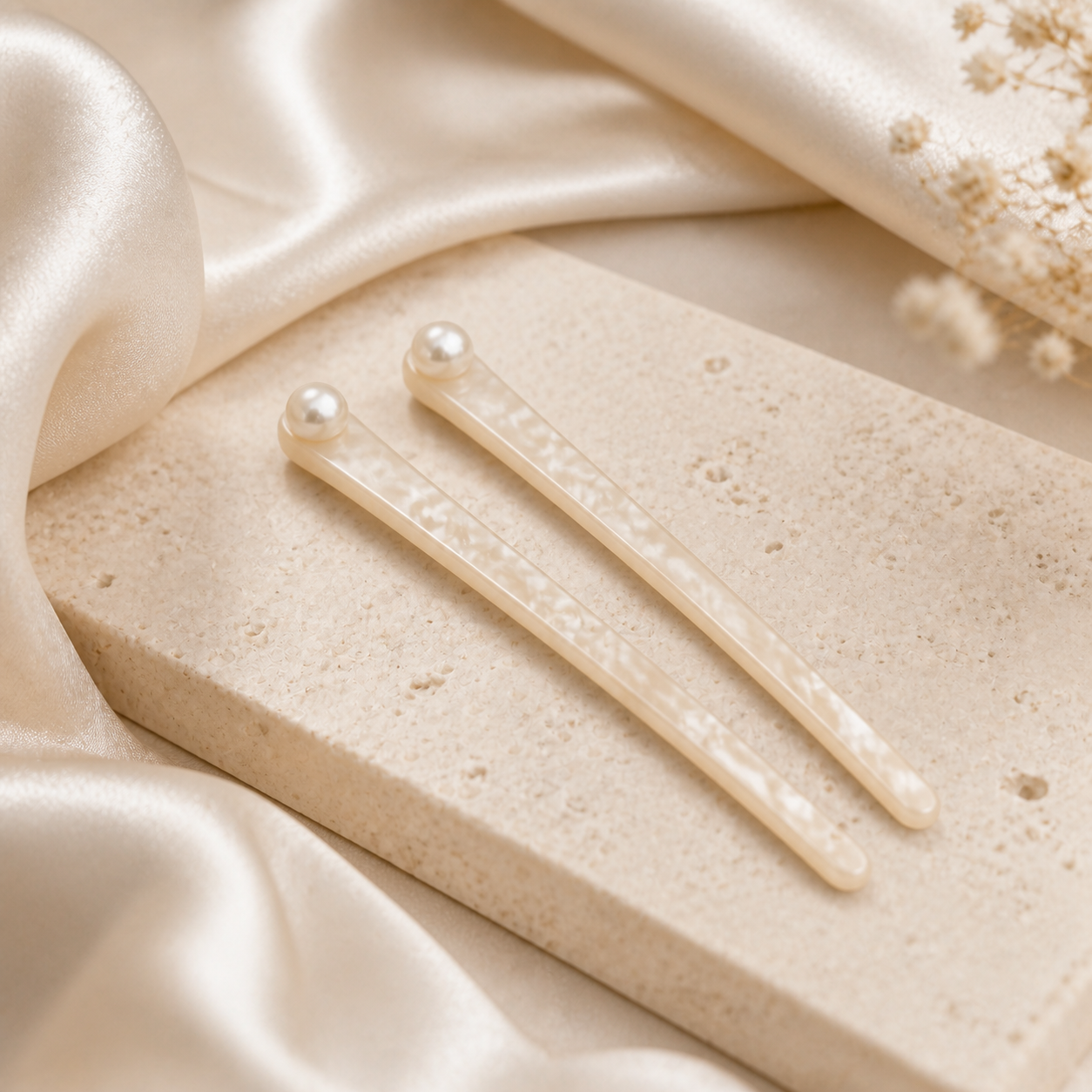 Ivory acetate hair pin pair with pearl-like ends