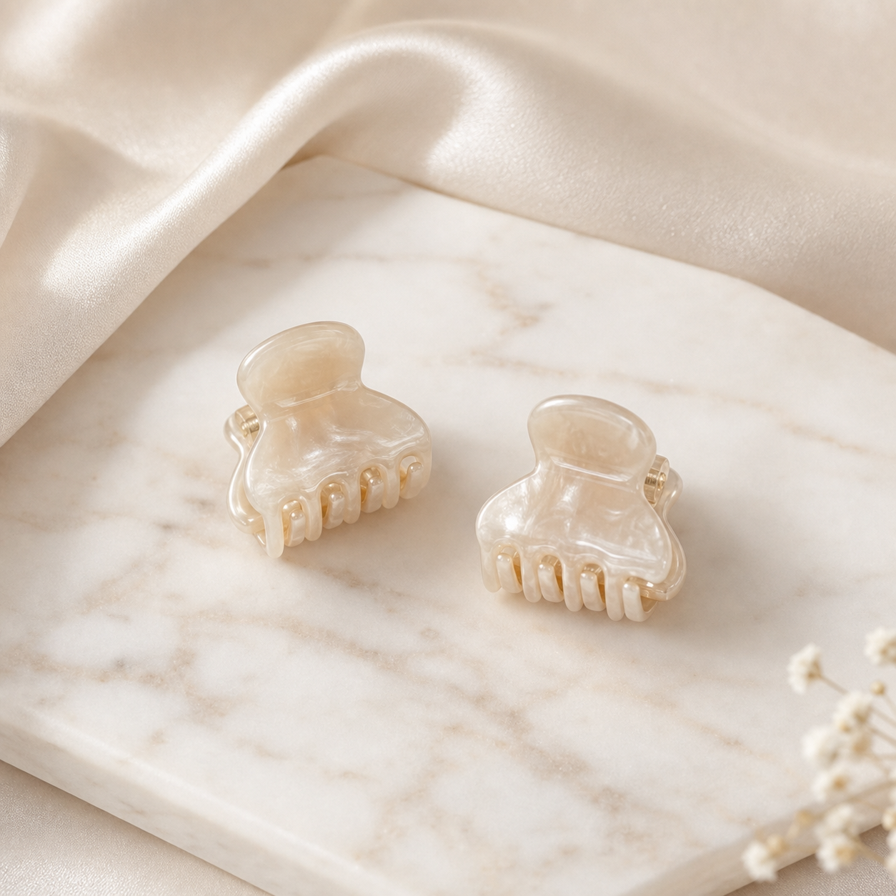 Ivory mini acetate hair clips on satin