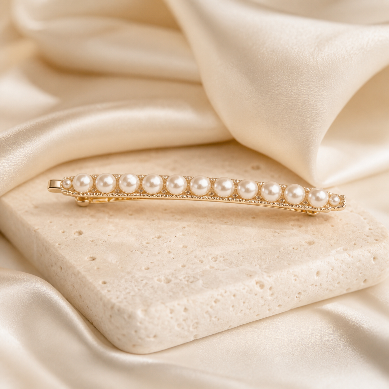 Pearl embellished barrette on satin and pale stone