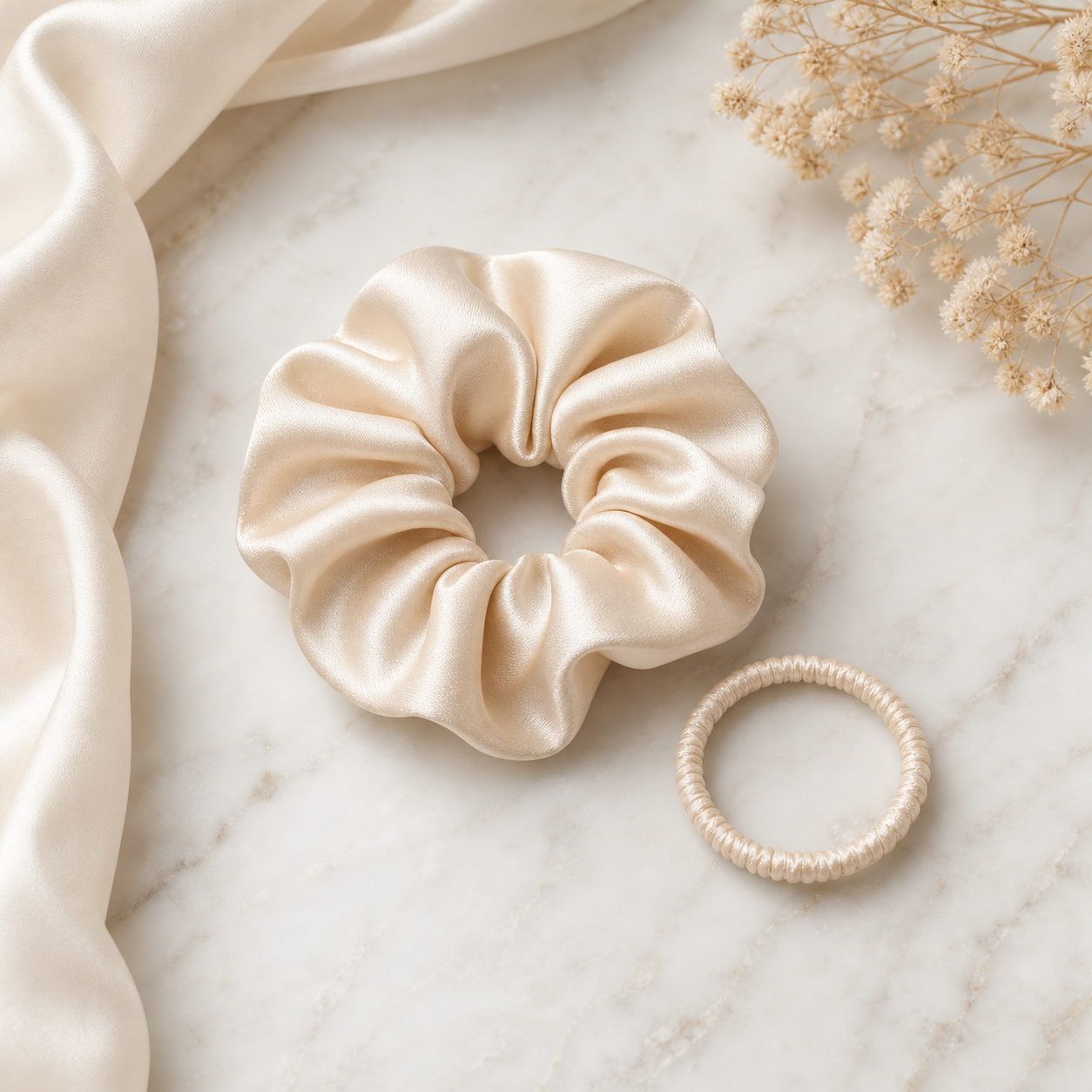 Champagne satin scrunchie and hair tie set